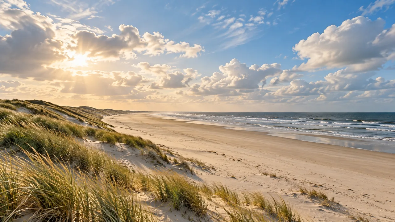 Wide North Sea beach with dunes, sunshine and clouds – symbolic image